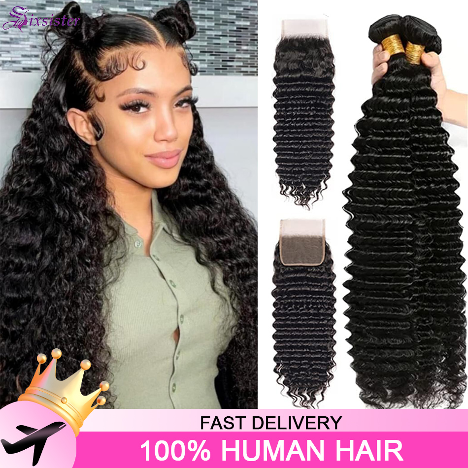 Deep Wave 3 Bundles With Closure - Pacotes de Cabelo Humano Ondulado Profundo