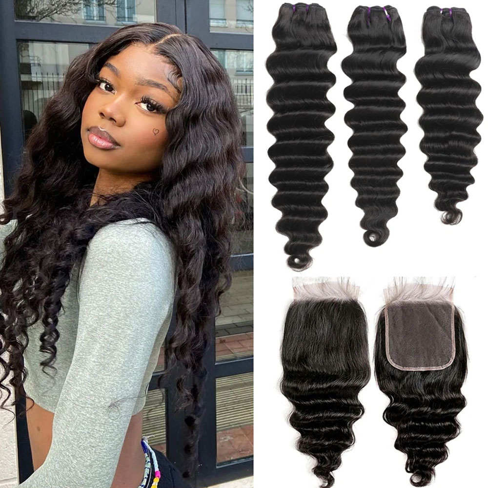 Deep Wave 3 Bundles With Closure - Cabelo Humano Ondulado Solto com Fechamento