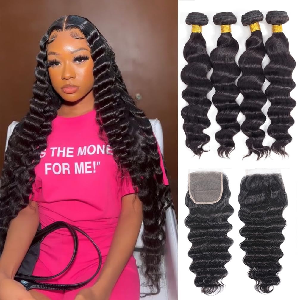Deep Wave 3 Bundles With Closure - Cabelo Humano Ondulado Solto de 30