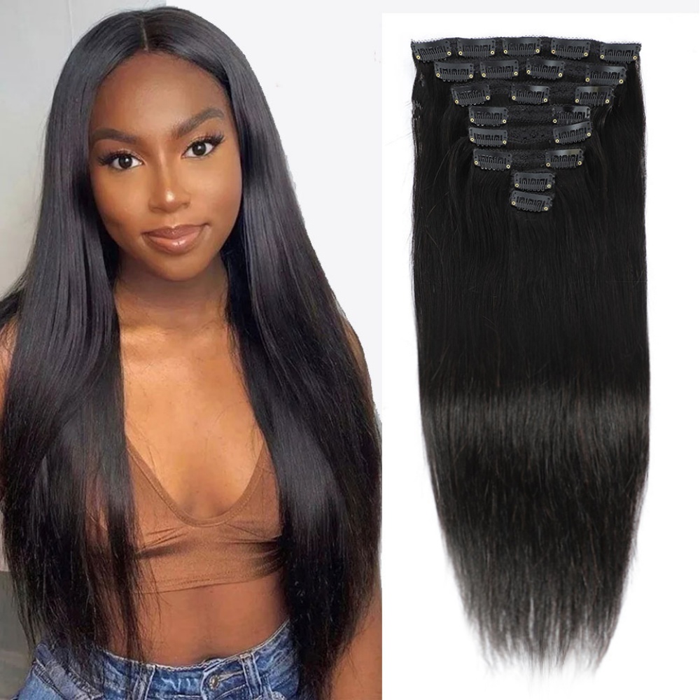 Seamless Clip In Hair Extensions Human Hair - Grampo reto natural em extensões de
