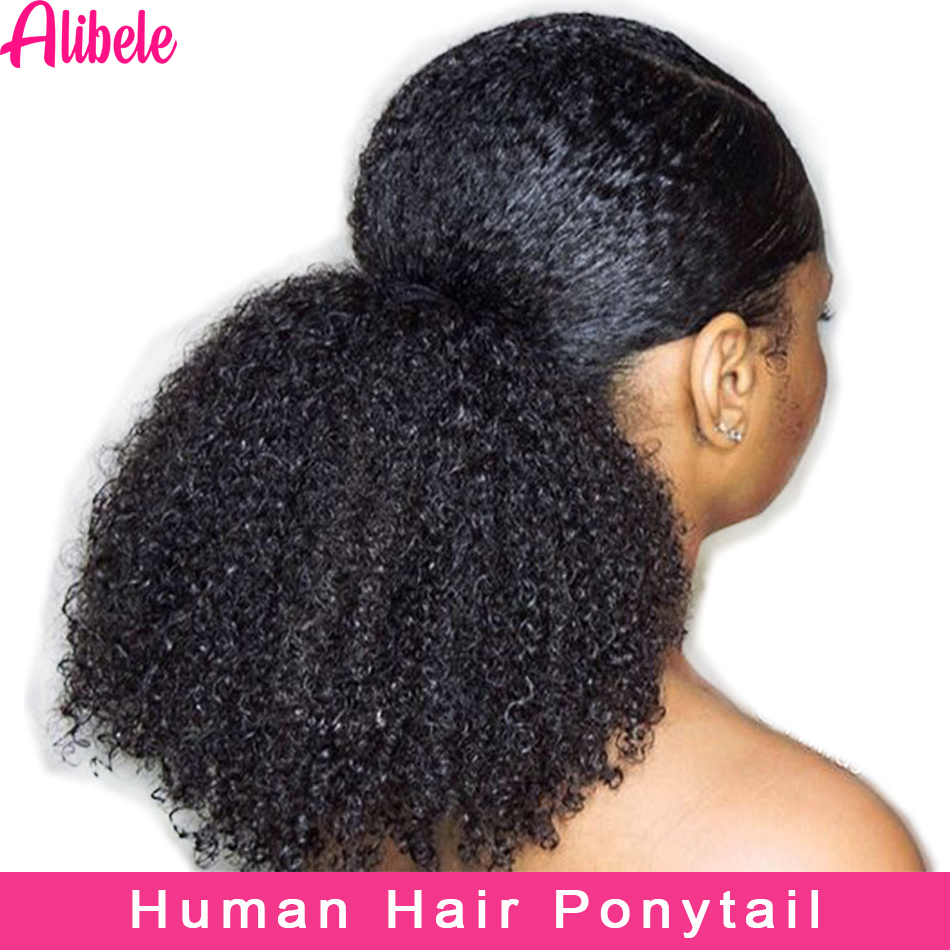 Seamless Clip In Hair Extensions Human Hair - Alibele-Mogolian Kinky Curly Ponytail Extensões, Afro