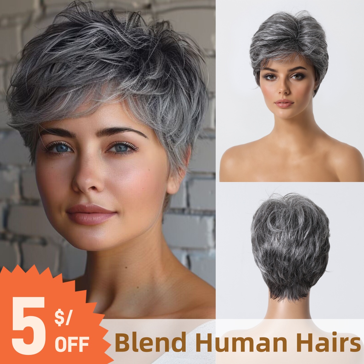 Short Pixie Cut Wig Human Hair Cheap - Peruca de cabelo humano cinza com