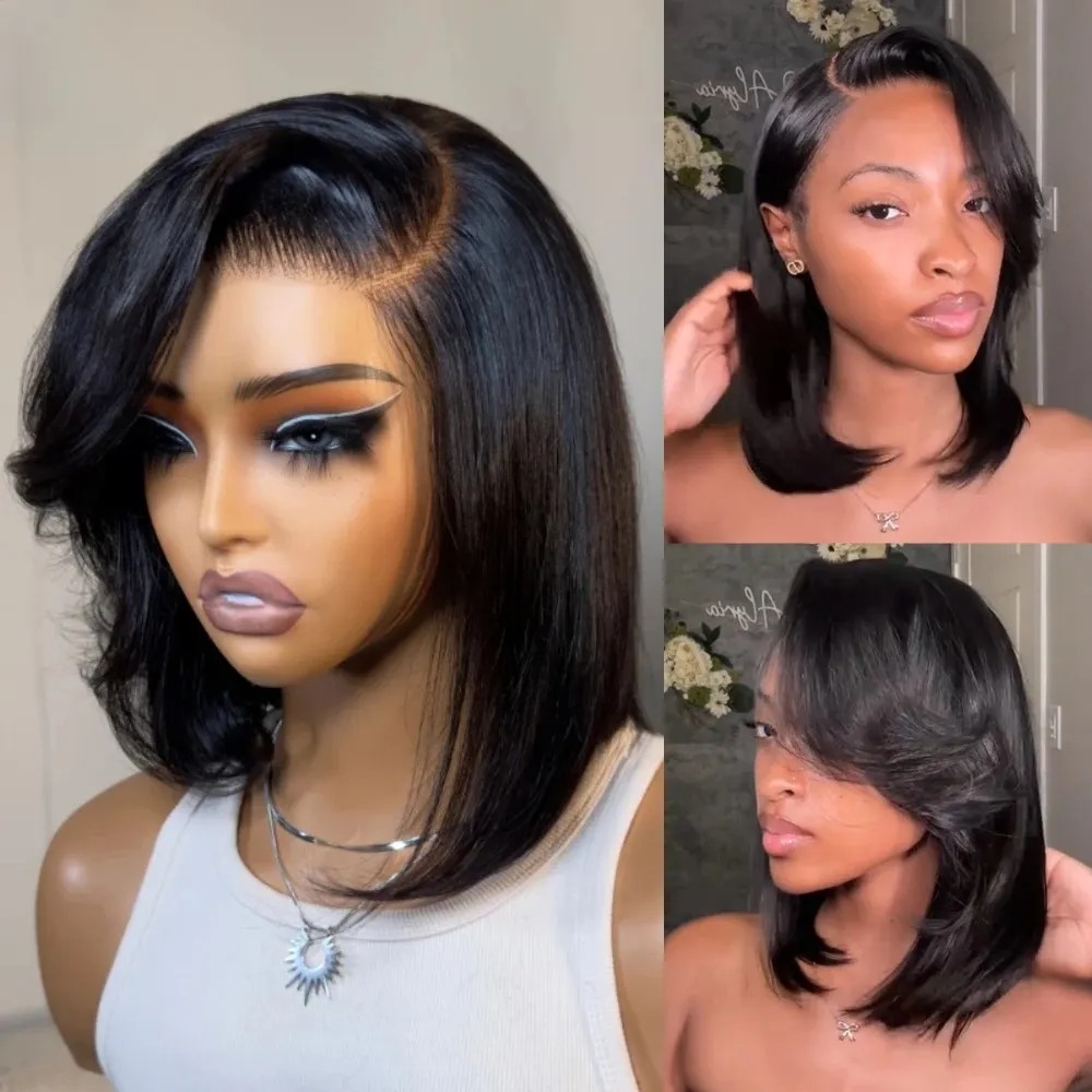 Peruca Curta Lisa Preta com Fr - Pre Parted 13X4 Lace Front Bob Wig avaliação e preço