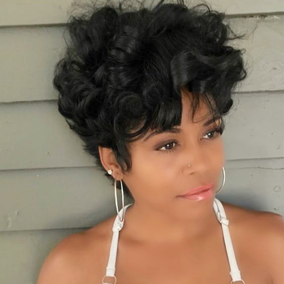 Bouncy onda natural peruca de  - Short Pixie Cut Wig Human Hair Cheap avaliação e preço